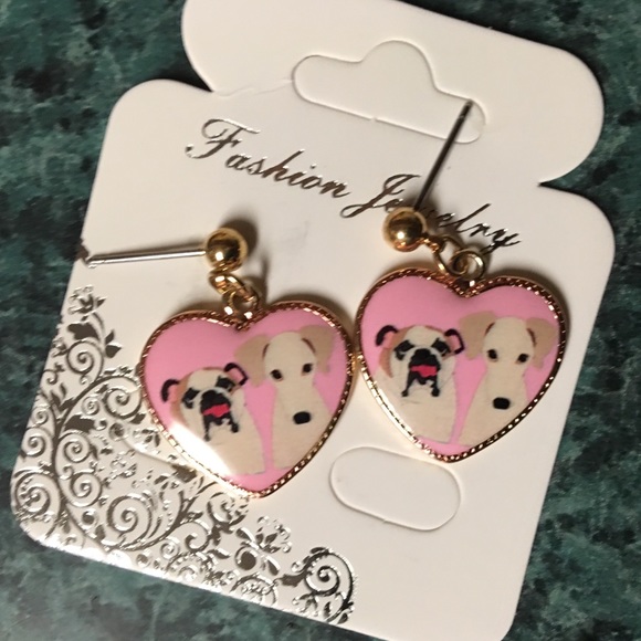 New Pink Heart Bulldog Terrier Dog Earrings - Picture 3 of 7